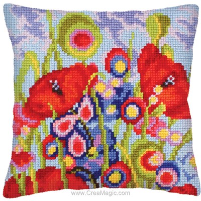 Kit Coussin Canevas - Red poppies - Collection d'art