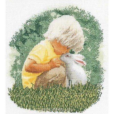 Boy & rabbit sur lin kit broderie point compté - Thea Gouverneur