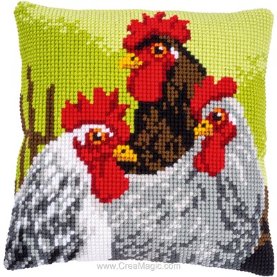 Coussin Vervaco au point de croix les 3 poules