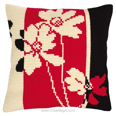 Kit coussin fleurs en rouge et noir au point de croix de Collection d'art