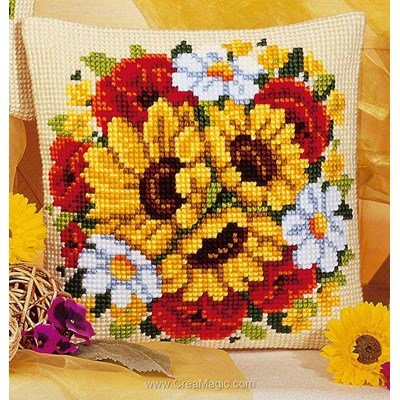 Coussin Vervaco tournesols, coquelicots et marguerites au point de croix