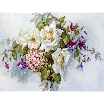 Broderie Luca-S bouquet de roses blanches et fuchsia