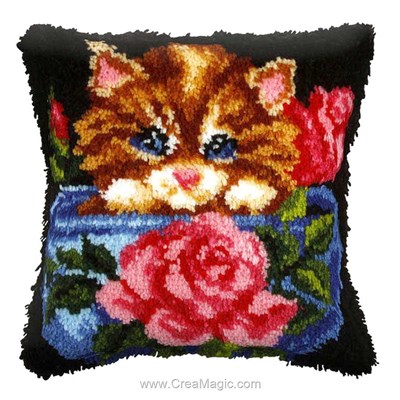 Kit coussin point noué chaton aux roses - Orchidea