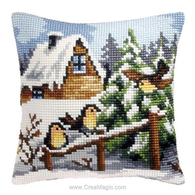 Kit coussin au point de croix Orchidea trio de moineaux du chalet enneigé