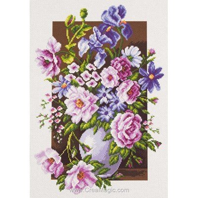 Kit broderie imprimée bouquet rose et violet sur aida - Collection d'art