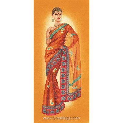 Indian lady in orange sari sur etamine broderie - Lanarte