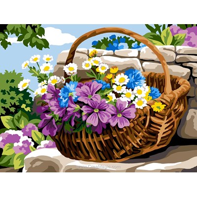 Canevas panier fleuri sur le muret - Margot