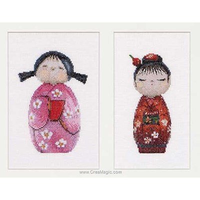 Kokeshi dolls sur lin broderie point compté - Thea Gouverneur