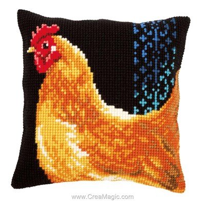 Coussin Vervaco poule sur fond noir au point de croix