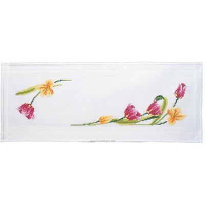 Chemin de table imprimé au point de croix en kit à broder en broderie traditionnelle des tulipes - Royal Paris