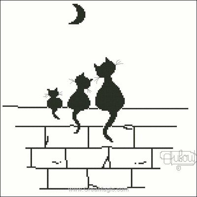 Trois chats et lune broderie au point compté - Points De Repère