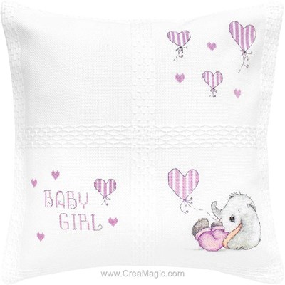 Kit coussin bébé éléphanteau fille aux ballons coeurs- toile afgan au point de croix compte - Luca-S LPB188