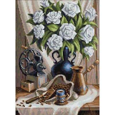 Broderie diamant white roses and coffee de Diamond Painting