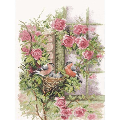 Broderie de Lanarte au point de croix nesting birds in rambler rose sur etamine