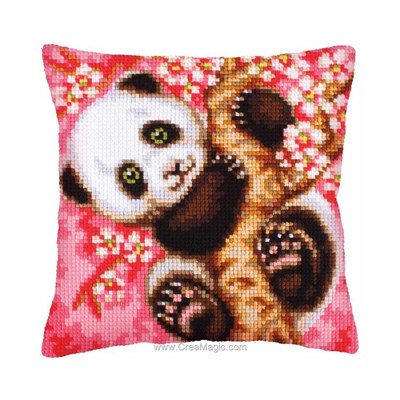 Coussin panda, c'est le printemps! au point de croix - Collection d'art