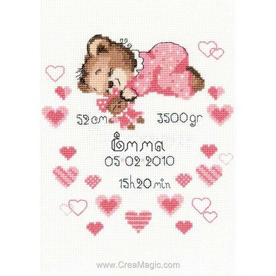 Sommeil d'ourson au cœur rose broderie tableaux naissance - RIOLIS