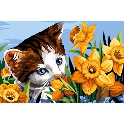 Chaton aux yeux bleus et jonquilles canevas de SEG