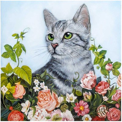 Kit broderie diamant chat gris dans les fleurs de Wizardi