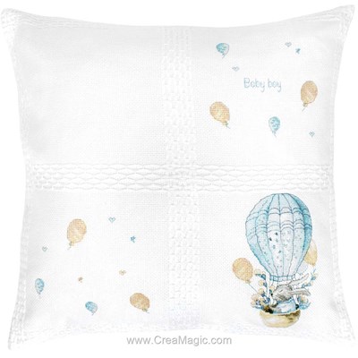 Kit coussin doudou lapin en mongolfière bleue - toile afgan au point de croix - Luca-S LPB189