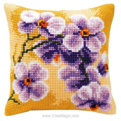 Kit coussin point de croix Vervaco branche d'orchidées violetttes