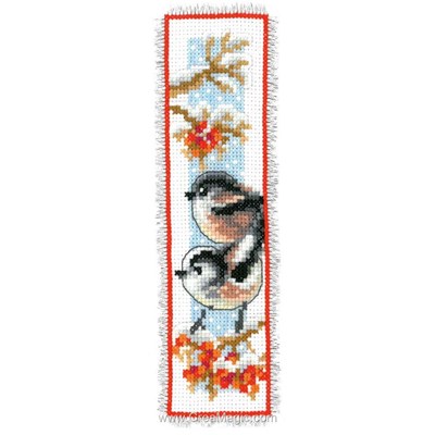 Kit Point De Croix Permin - Marque-page Mésange, Modèle à Compter Sur Aida 14ct, 7x22cm, Réf 05-31