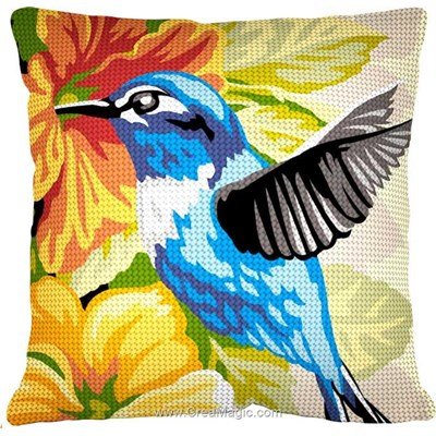 Coussin oiseau bleu exotique au demi point de SEG