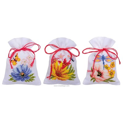 Kit sachet senteur Vervaco fleurs colorées lot de 3 à broder