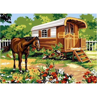 Canevas cheval près de la roulotte - SEG
