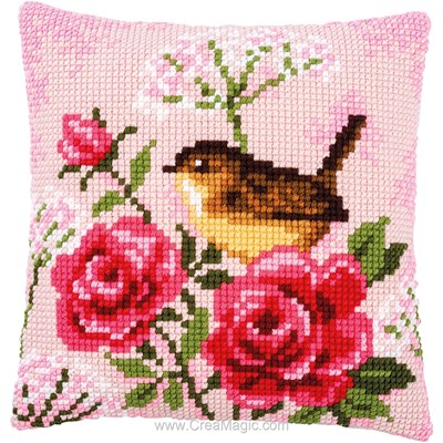 Coussin oiseau et roses de Vervaco au point de croix