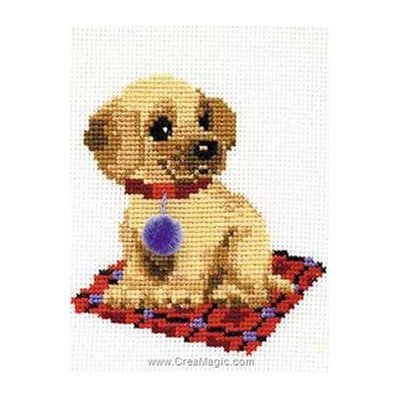 Mini broderie en kit RIOLIS chiot sur la couverture rouge