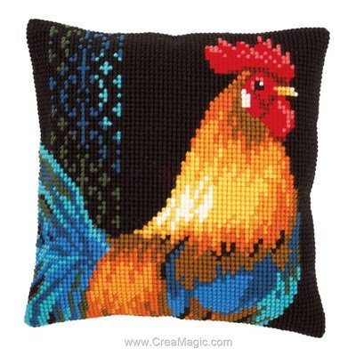 Kit coussin point de croix coq sur fond noir de Vervaco