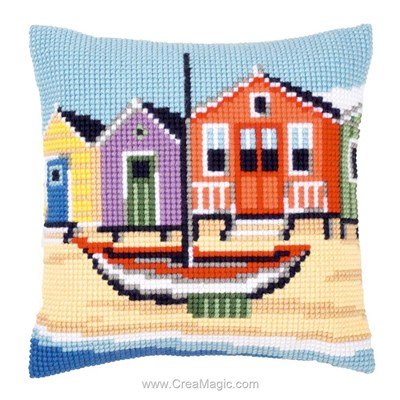 Kit coussin point de croix Vervaco bâteau sur la plage