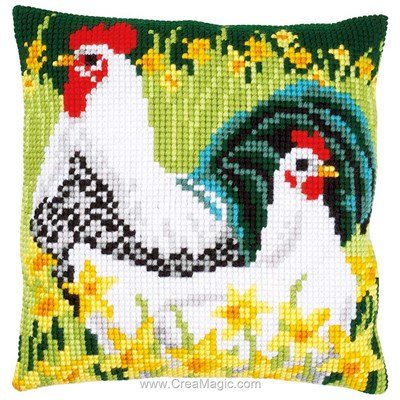 Kit coussin coq et poule aux narcisses au point de croix de Vervaco