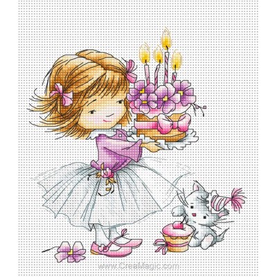 Tableau broderie point de croix fillette, chaton et gâteau de Luca-S