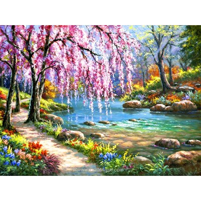 Broderie diamant sakura près de la rivière - Diamond Painting