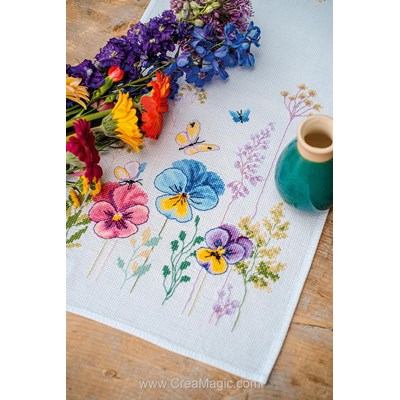 Kit Chemin de table Broderie Point de Croix compté - kit Violettes - Vervaco