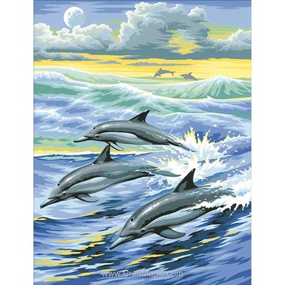 Broderie diamant famille de dauphins surfant de Diamond Painting