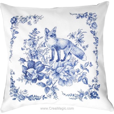 Coussin à broder au point de croix compte renard et fleurs monochrome Luca-S