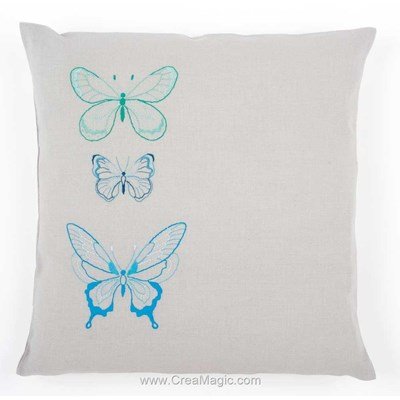 Kit coussin papillons stylisés coloris bleu à broder en broderie imprimée - Vervaco