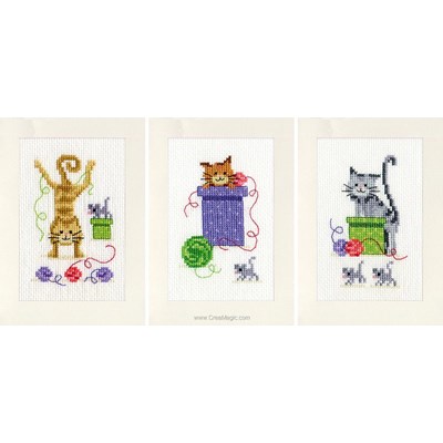 Kit carte cartes de voeux chats ludiques - lot de 3 à broder de Vervaco