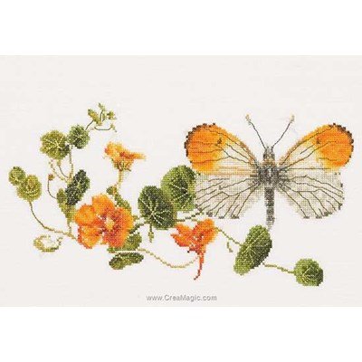 Butterfly-nasturtium sur lin kit tableau point de croix - Thea Gouverneur