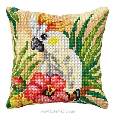 Coussin Orchidea au point de croix cacatoes et hibiscus