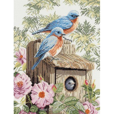 Point croix de Lanarte à broder garden blue birds sur etamine