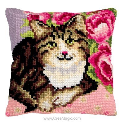 Coussin au point de croix chat et roses d'Anchor