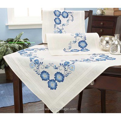 Kit chemin de table imprimé rêve fleuri blanc en broderie traditionnelle - Duftin 07047-AZ05