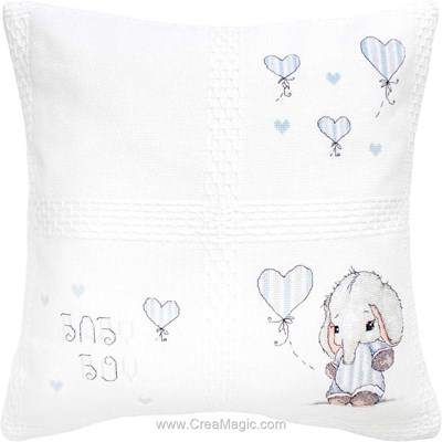 Kit coussin Luca-S au point de croix compté bébé éléphanteau garçon aux ballons coeurs- toile afgan