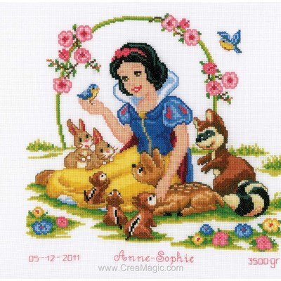 Vervaco modèle broderie tableau de naissance - blanche neige et ses amis de la forêt