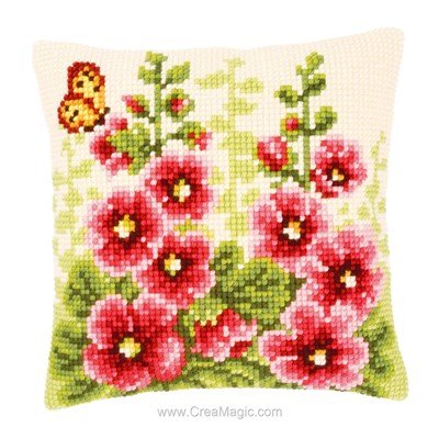 Kit coussin au point de croix roses trémières - Vervaco