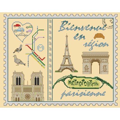 Kit à broder d'Aux 4 Points Du Monde au point de croix timbre bienvenue en région parisienne