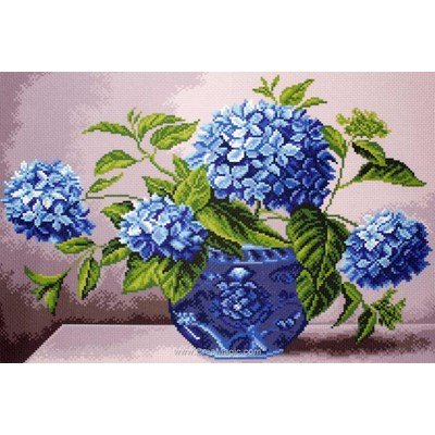 Kit broderie imprimée aida Collection d'art hortensias en vase